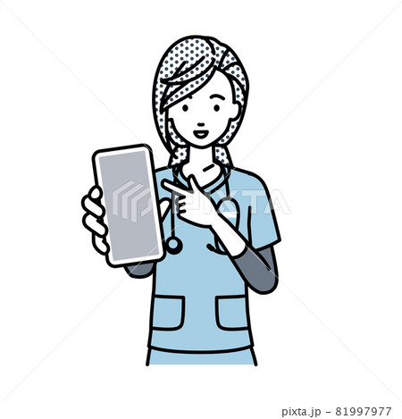 立ってスマートフォンを指差してこちらに向けて見せている看護師の女性 立ってスマートフォンを指差してこちらに向けて見せている看護師の女性 81997977