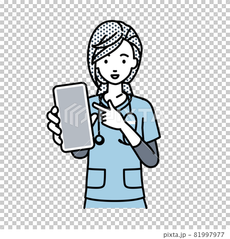 立ってスマートフォンを指差してこちらに向けて見せている看護師の女性 立ってスマートフォンを指差してこちらに向けて見せている看護師の女性 81997977
