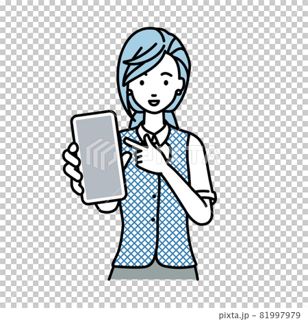 立ってスマートフォンを指差してこちらに向けて見せている事務員制服の女性 81997979