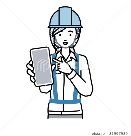 立ってスマートフォンを指差してこちらに向けて見せている工事現場の女性 立ってスマートフォンを指差してこちらに向けて見せている工事現場の女性 81997980