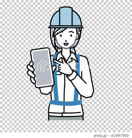 立ってスマートフォンを指差してこちらに向けて見せている工事現場の女性 立ってスマートフォンを指差してこちらに向けて見せている工事現場の女性 81997980