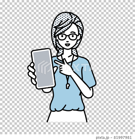 立ってスマートフォンを指差してこちらに向けて見せている教師の女性 81997981