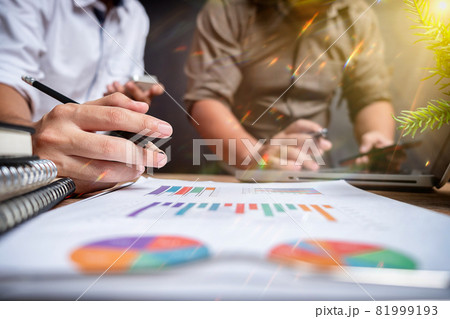 business project teamwork plan  new start-up project, Finance managers meeting, Digital tablet docking screen computer design smartphone using 81999193