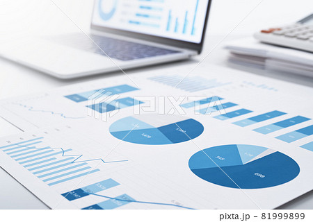 ビジネスインテリジェンスと分析レポート。報告書とノートパソコンの画面に多数のグラフ。 81999899
