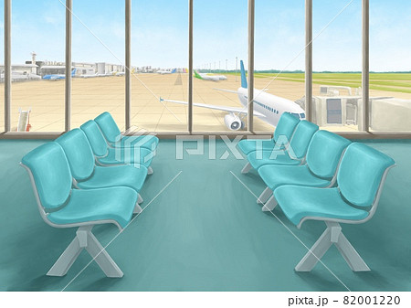 International airport terminal lounge, a digital painting of landscape of airfield with airplane and blue sky view from window building raster 3D illustration anime background. 82001220