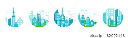 Set of round icons with blue city. Urban landscape with houses in circle. Set of round icons with blue city. Urban landscape with houses in circle. 82002148