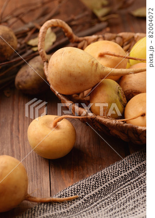 Basket with fresh organic yellow turnips Basket with fresh organic yellow turnips 82004072
