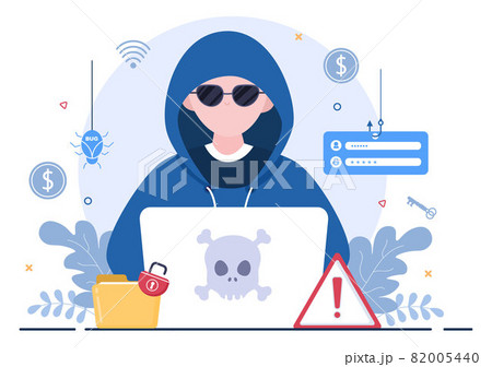 Hacker Using Computer Server to Activity Hacked Database, Network Storage, Social Account, Credit Card or Security. Background Vector Illustration 82005440