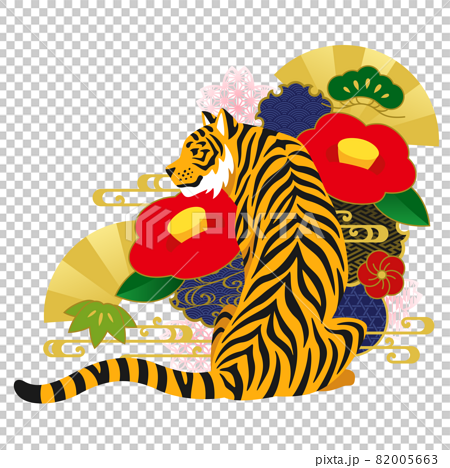 背中を向けて座る虎と和風の装飾背景のイラスト素材