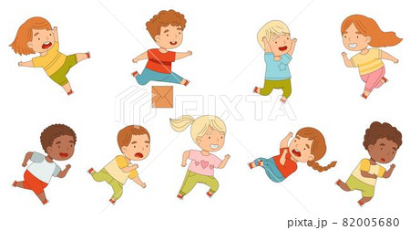 Cute Kids Running and Rushing Away at Full Speed Stumbling Vector Set 82005680