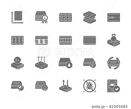 Set of Orthopedic Mattress Grey Icons. Elastic Material, Anti Allergic, Zipper 82005685