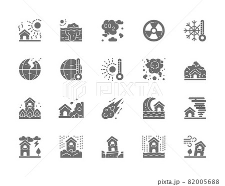 Set of Natural Disaster Grey Icons. Drought, Global Warming, Pollution and more. 82005688