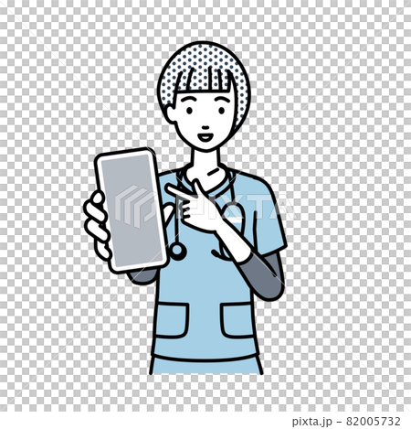 一個護士女人站著，指著她的智能手機 82005732