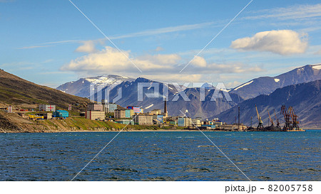 View from the sea on a small northern port town. Provideniya, Chukotka, Russia. 82005758