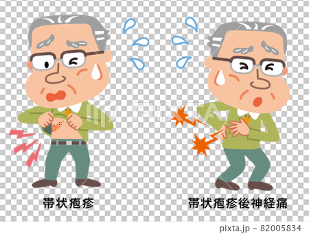 帯状疱疹と帯状疱疹後神経痛の高齢者男性のイラスト 帯状疱疹と帯状疱疹後神経痛の高齢者男性のイラスト 82005834