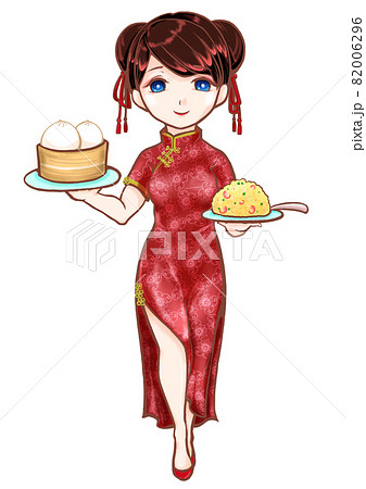 チャイナドレスを着た中華料理店の女の子のイラスト素材