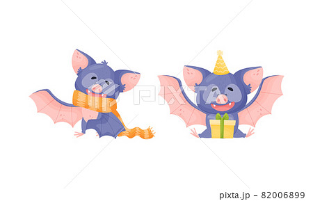 Funny Purple Bat Character Wearing Scarf and Sitting with Gift Box Vector Set Funny Purple Bat Character Wearing Scarf and Sitting with Gift Box Vector Set 82006899