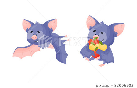 Funny Purple Bat Character Carrying Apples and Fluttering Vector Set Funny Purple Bat Character Carrying Apples and Fluttering Vector Set 82006902