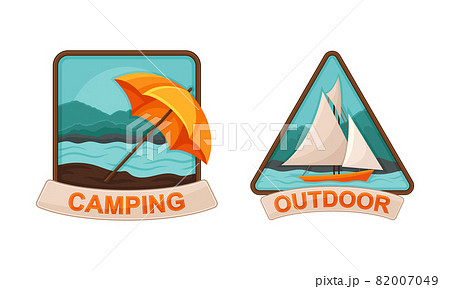 Camping and Outdoor Exploration Badge with Umbrella and Ship Vector Set Camping and Outdoor Exploration Badge with Umbrella and Ship Vector Set 82007049