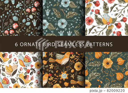 Boho bird flower seamless pattern folk art set.  82009220