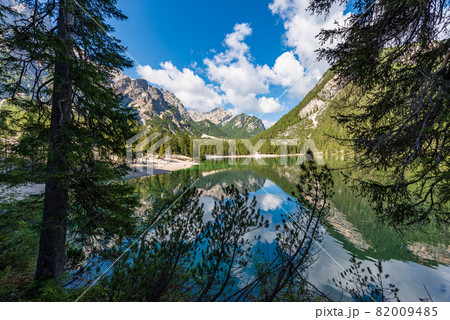 Lake Braies and Mountain Peak of Croda del Becco - Trentino Italy Lake Braies and Mountain Peak of Croda del Becco - Trentino Italy 82009485