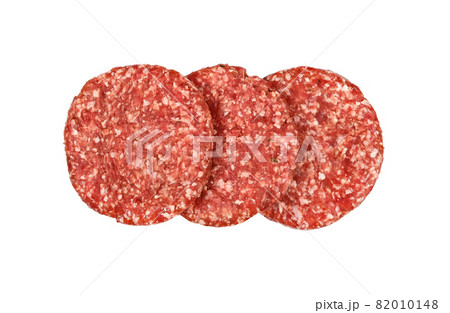 Raw beef meat hamburgers isolated on white Raw beef meat hamburgers isolated on white 82010148