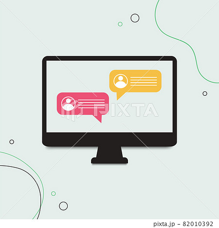 Chat messages on computer online vector illustration, flat cartoon workspace or working desk laptop pc with chatting bubble notifications, concept of people messaging on internet image. 82010392