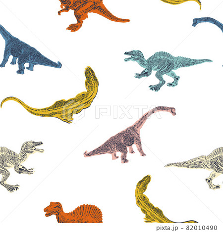 Set cartoon dinosaurus on seamless pattern isolated on white background. Vector 82010490