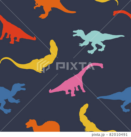 Set cartoon dinosaurus on seamless pattern isolated on dark blue background. Vector 82010491