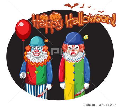 Happy Halloween badge with two creepy clowns Happy Halloween badge with two creepy clowns 82011037