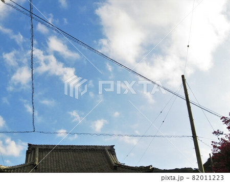 愛知県の赤岩寺（せきがんじ）の山門と幾何学模様の電線 82011223