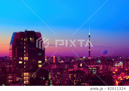Moscow at dusk with Ostankino TV Tower, with evening illumination, 2009 Moscow at dusk with Ostankino TV Tower, with evening illumination, 2009 82011324