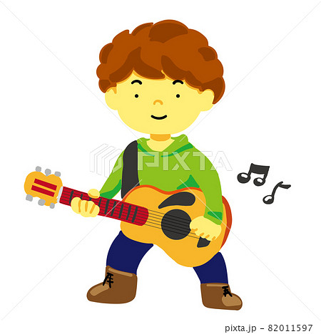 ギターを弾く笑顔の男の子のイラストのイラスト素材