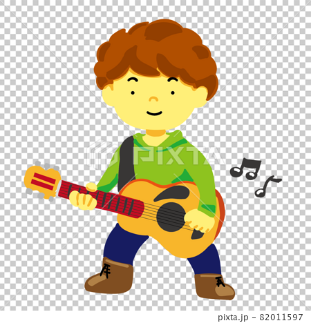ギターを弾く笑顔の男の子のイラストのイラスト素材