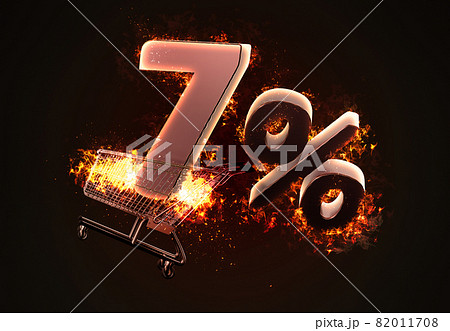 Burning shopping cart and red Seven percent discount sign. 3D illustration 82011708