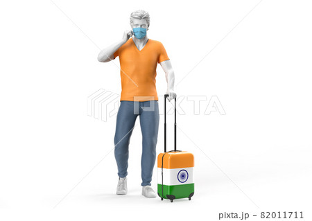Man wearing face mask pulls a suitcase textured with flag of India. 3D Rendering Man wearing face mask pulls a suitcase textured with flag of India. 3D Rendering 82011711