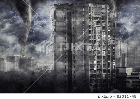 City during the storm with tornado, heavy rain and lighting. Digital illustration City during the storm with tornado, heavy rain and lighting. Digital illustration 82011749