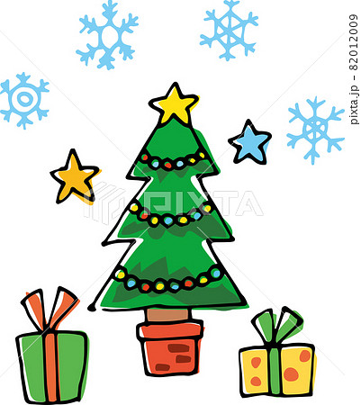 手描きのクリスマスツリーとプレゼントのかわいいイラストのイラスト素材 0109
