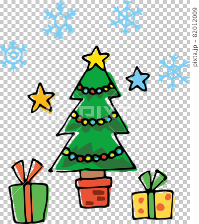 手描きのクリスマスツリーとプレゼントのかわいいイラストのイラスト