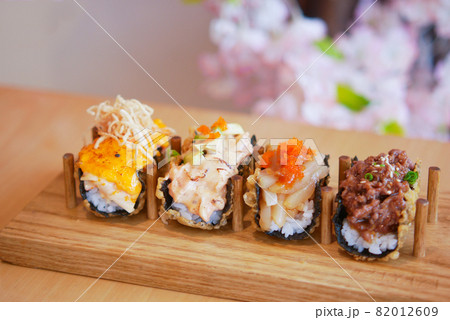 sushi and traditional japanese food on table with copy space, 82012609