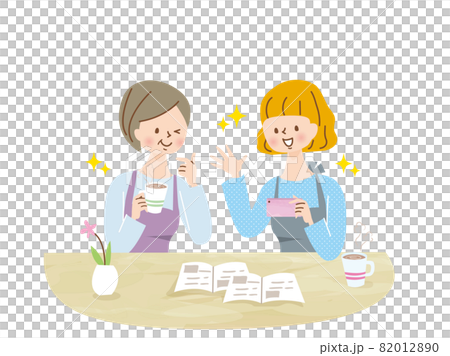 A smiling woman looking at a smartphone with two people 82012890