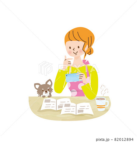 スマホを持って犬を抱っこした若い女性のイラスト素材 0124