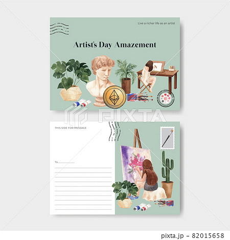 Postcard template with international artists day concept,watercolor style 82015658