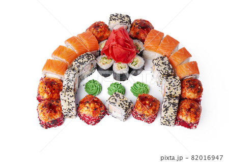 Closeup image of sushi rolls isolated at white background Closeup image of sushi rolls isolated at white background 82016947