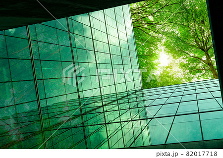 Eco-friendly building in the modern city. Green tree branches with leaves and sustainable glass building for reducing heat and carbon dioxide. Office building with green environment. Go green concept. 82017718