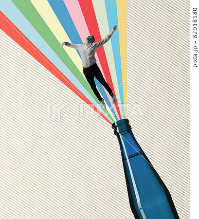 Contemporary art collage. Concept of festival, national traditions, taste, drinks and holidays, oktoberfest. Flying man. 82018180