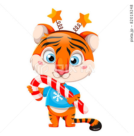 Cartoon character tiger holding big candy cane 82019248