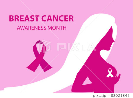 Breast Cancer Awareness Month. Silhouette woman checks her breasts template for your design poster, banner. Vector illustration Breast Cancer Awareness Month. Silhouette woman checks her breasts template for your design poster, banner. Vector illustration 82021342