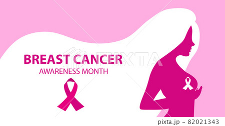 Breast Cancer Awareness Month. Silhouette woman checks her breasts template for your design poster, banner. Vector illustration 82021343