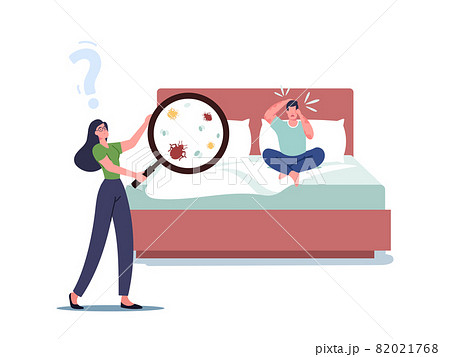Female Character with Huge Magnifier Looking on Bed Bugs Living in Linen. Man with Red Spots on Skin Sitting on Bed 82021768